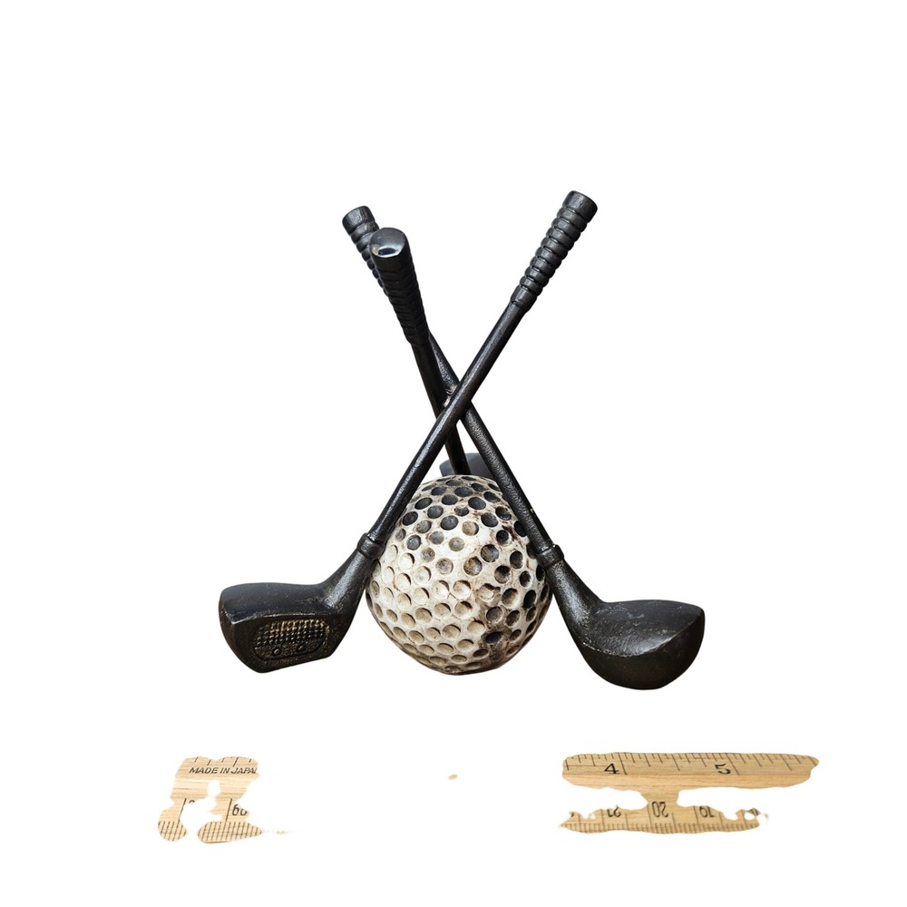 Vtg Cast Metal Mini Golf Clubs and Ball Desk Figurine Tripod Paperweight Decor
